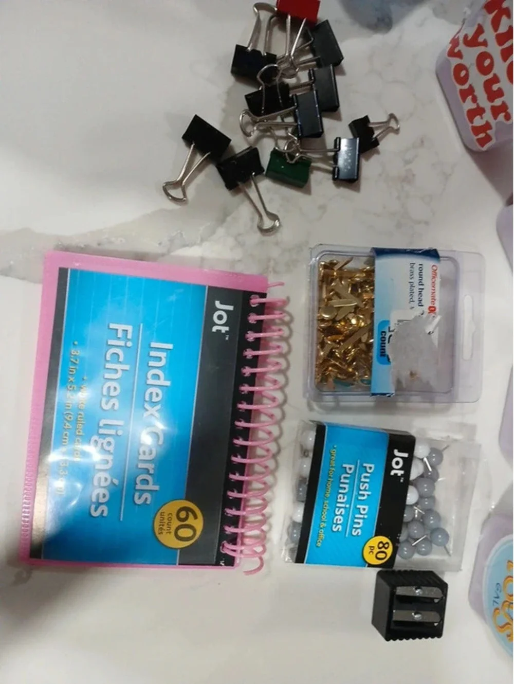 School supplies pencils markers pens pins